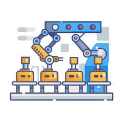 Automated robotic assembly line with industrial robots and products