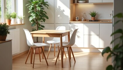 Fototapeta premium White kitchen with wooden dining table and chairs. Light wood floor reflects bright, clean atmosphere. Modern kitchen with sleek finishes, perfect for small spaces.