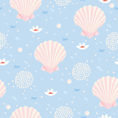 Seamless vector underwater pattern. Cute, pastel background with sea shells, pearls, flowers, and bows. Soft and dreamy ocean-inspired surface design for kids and girls.