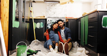 Paint, renovation break and couple sleeping in home for kitchen upgrade, DIY makeover and hug....