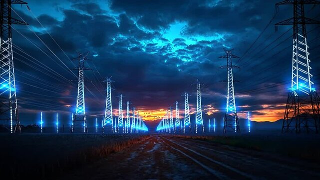 Power lines at twilight illuminated with blue light