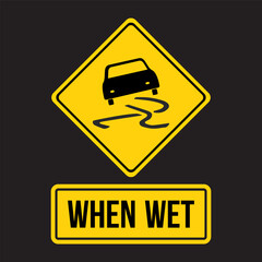 When wet road sign. Slippery when wet icon yellow road sign. Eps10 vector illustration