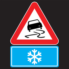 Slippery when wet road sign. Warning sign of slippery road surface due to snow. Traffic sign warns about slippery road ahead. Eps10 vector illustration