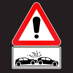 Attention dangerous street with a car crash sign. A road sign with an exclamation mark and two cars crashing into each other. Eps10 vector illustration