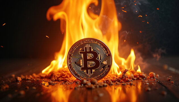 Burning bitcoin engulfed in bright flames on dark background. Single bitcoin coin in protective bubble stands out against dark space. Fiery sparks, flames surround bitcoin, creating sense of danger,