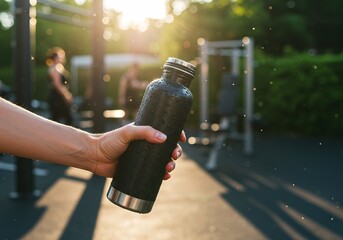 Hand holding a wet black water bottle at outdoor gym during golden hour