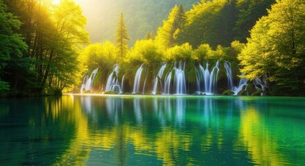 Lush Green Forest With Cascading Waterfalls and Emerald Lake