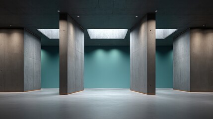 Multi-use modular venue with retractable concrete partitions top-lit skylight surface textures bokeh in background with cinematic teal ochre