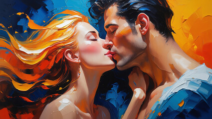 Romantic Oil Painting of a Lovely Couple Sharing a Tender Kiss – Classic Artistic Expression of Love and Passion in Warm Brushstrokes
