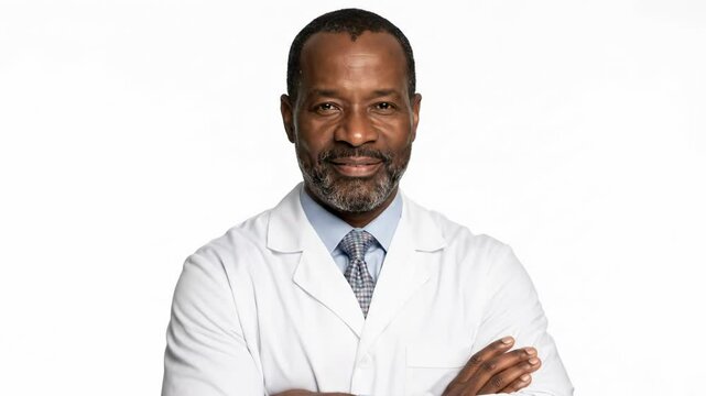 Man with arms crossed wearing a white doctors coat against a white background