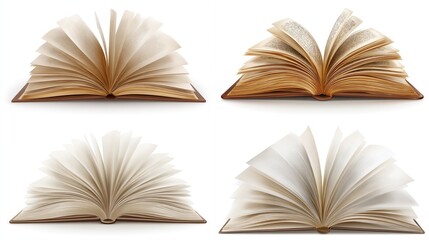 Four open books displaying flipping pages on a white background for education, learning, and knowledge
