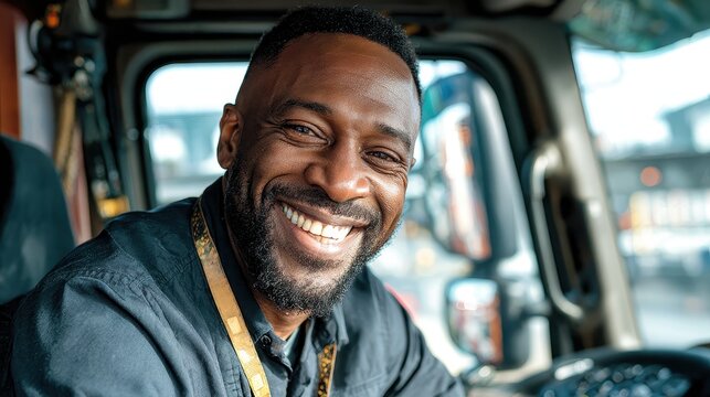 Happy, bearded black man smiles broadly in a big truck's cab. Use this image to show transport, logistics, or confident drivers.