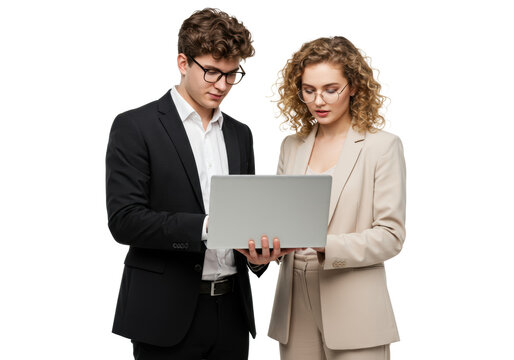 Young caucasian man in black suit and woman in beige pantsuit, both with glasses, intently viewing a silver laptop screen on a clean white studio background with copy space, concept of business