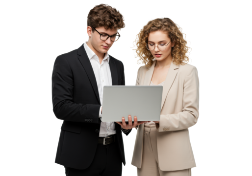 Young caucasian man in black suit and woman in beige pantsuit, both with glasses, intently viewing a silver laptop screen on a clean white studio background with copy space, concept of business