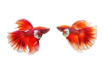 Obraz premium Two vibrant red and orange betta fish facing each other isolated on white background