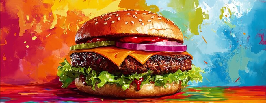 Handcrafted plant-based burger bursting with bright pop colors and comic-style elements, vibrant pop art