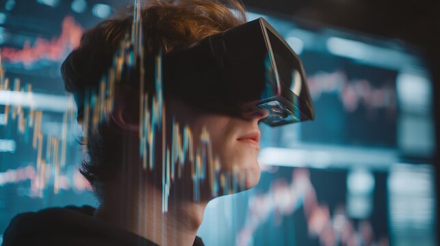 a real young man wearing VR headset, viewing 3D holographic financial data and crypto charts, futuristic fintech concept, photorealistic digital art