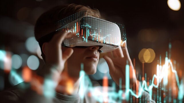 a real young man wearing VR headset, viewing 3D holographic financial data and crypto charts, futuristic fintech concept, photorealistic digital art