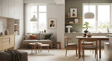 Modern, minimalist living room and kitchen area with light wood furniture and neutral color palette.