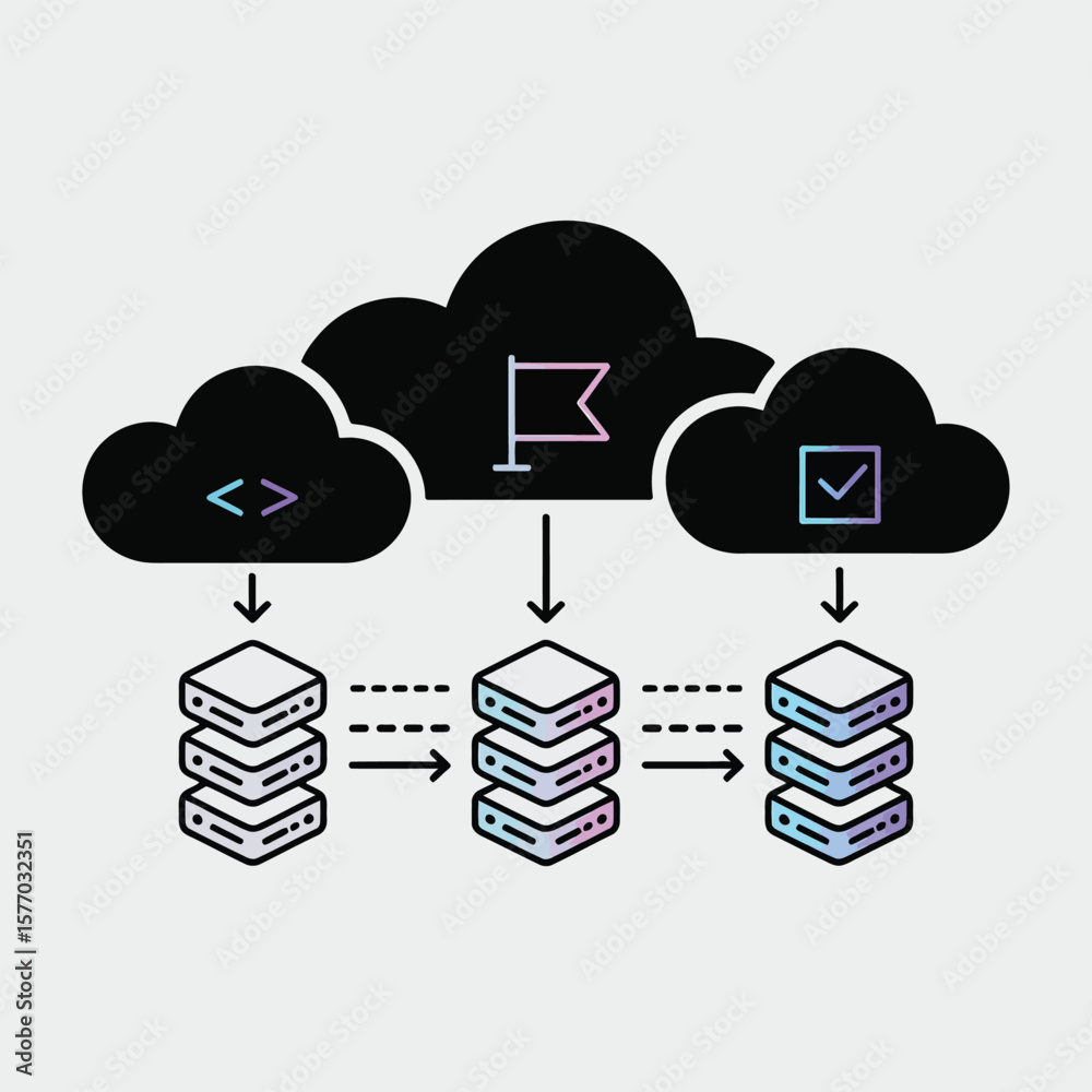 Poster three stacks of servers data transfer illustration featuring black clouds code flag checkmark icons 