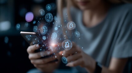 a real woman looking at a crypto wallet app on her phone, digital icons floating around, modern digital finance concept, photorealistic digital art 
