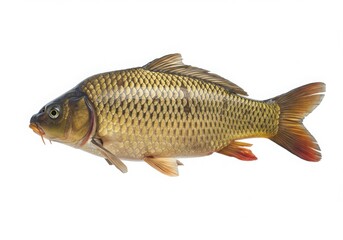 Fototapeta premium A detailed close up of a common carp fish with golden scales isolated on white background