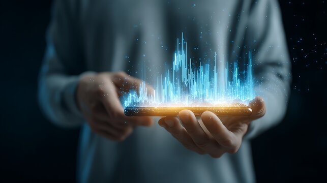 a real young man holding a smartphone with glowing hologram interface showing stocks and crypto prices, modern fintech concept, photorealistic, digital art 