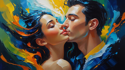 Romantic Oil Painting of a Lovely Couple Sharing a Tender Kiss – Classic Artistic Expression of Love and Passion in Warm Brushstrokes
