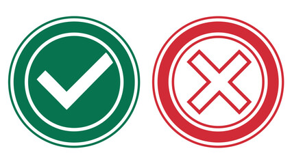 Green yes checkmark and red cross no buttons vector icons