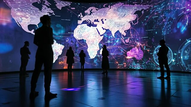 World map projection with silhouettes of people
