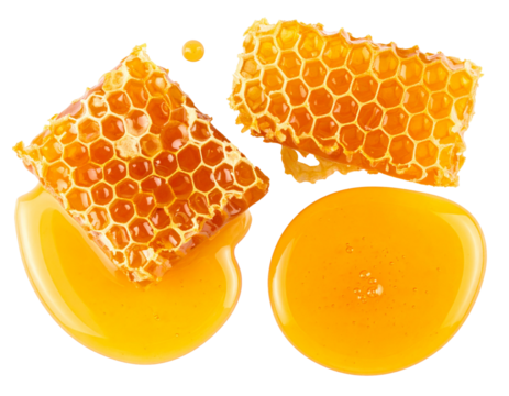 Honey Pile with Honeycomb Pieces, Top-Down View, Isolated PNG - Powered by Adobe