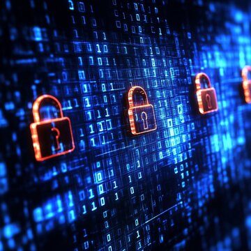 Data security is visualized with digital padlocks and binary code on a glowing blue screen for online protection.