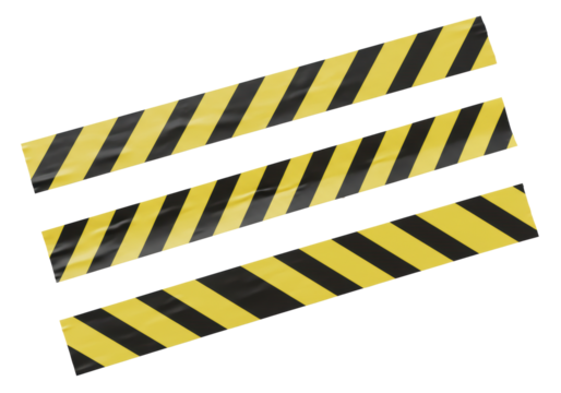 Two strips of yellow & black hazard tape with realistic crinkled textures and creases, laid horizontally on a transparent studio background with even, diffuse light, no shadows, and top-down view,