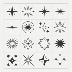 Obraz premium Black and white vector icon set of stars, snowflakes, and other winter holiday symbols for Christmas decoration design