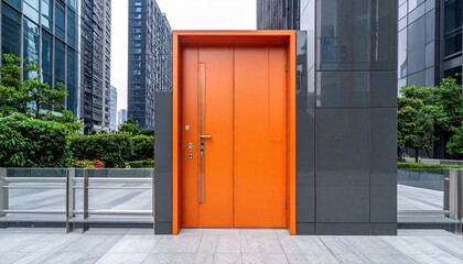Modern orange door in urban setting