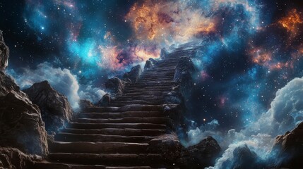 Stone staircase ascending into a vibrant, cosmic nebula. (1)