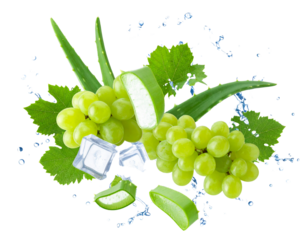  Refreshing Aloe Vera and Green Grape Splash with Ice Cubes, Isolated on Transparent Background PNG