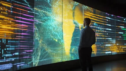 Analyst examining global business financial data on digital screen wall display - Powered by Adobe