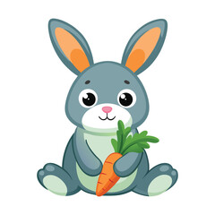 Fototapeta premium Cute cartoon grey rabbit holding a fresh orange carrot in its paws