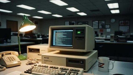 Vintage Computing Classic PC Setup with Lamp and Desk Phone Amidst Office Ambiance for Retro Tech Enthusiasts - Powered by Adobe