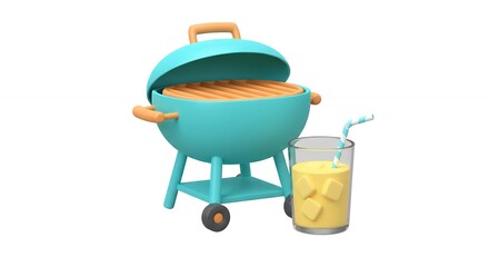 Teal portable grill and beverage summer picnic illustration