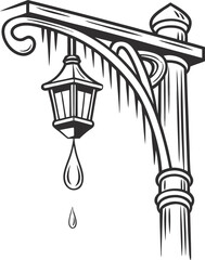 Vector illustration of a vintage wrought iron gate with an old-fashioned street lamp and classic architectural column design