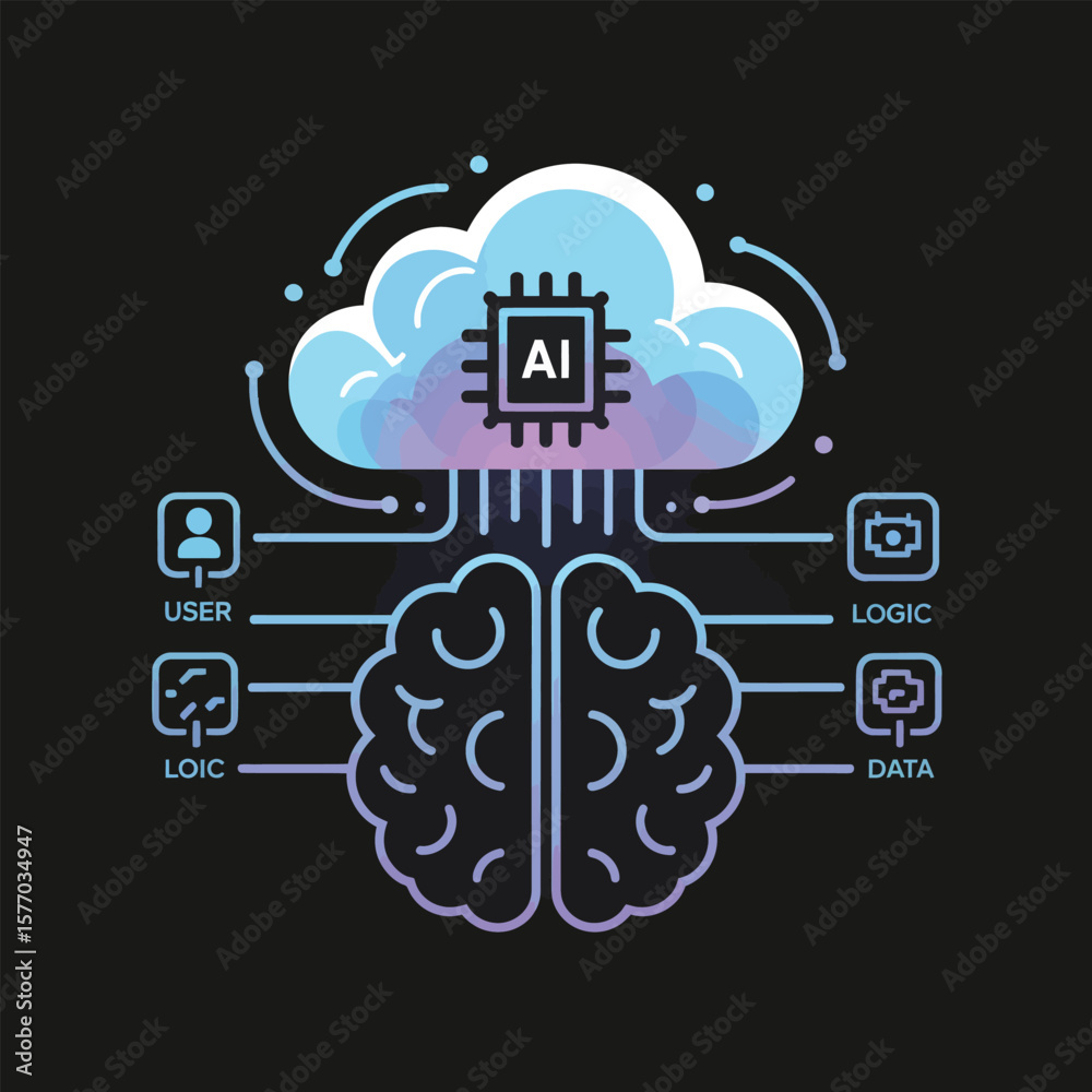 Poster abstract a i cloud computing system illustration featuring a light blue cloud a microchip inside a p