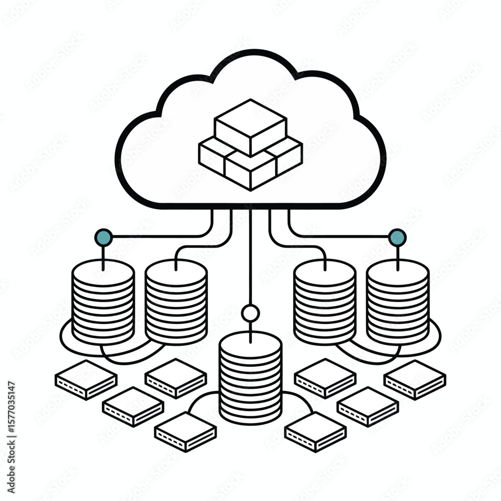 Poster abstract black and teal cloud computing data storage system illustration featuring a cloud icon conn