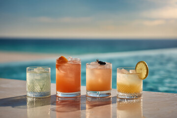 vibrant display of top  iconic cocktails beautifully arranged by poolside or beach