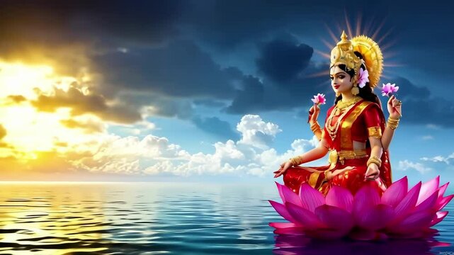 Goddess Lakshmi Meditating on Pink Lotus Over Ocean for Divine Wealth and Spiritual Abundance