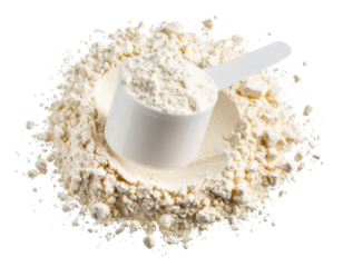  Overflowing Scoop of Whey Protein with Powder Spilled Around, Top-Down Flat Lay, Isolated PNG