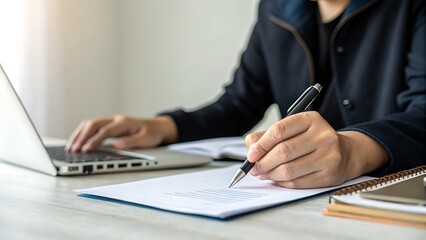 Person writing on paper while using a laptop for work, concentrating on completing tasks.