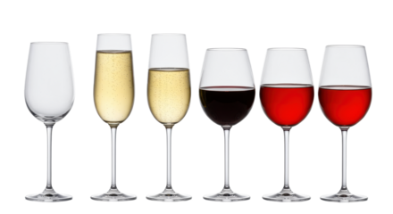Row of six crystal-clear wine glasses: empty flute, golden champagne, empty standard, ruby red wine, pale white wine, vibrant rosé, on a transparent background with diffused studio lighting, concept