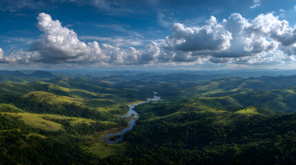 Fototapeta premium A Majestic Panoramic Vista with Rolling Hills and Serene River Under a Brilliant Azure Sky